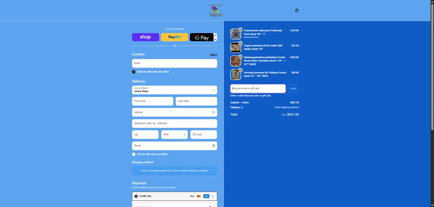 Fear Not Tarantulas promo code screenshot showing code nomorewinter15 applied at Fear Not Tarantulas checkout page. Uploaded by SimplyCodes community member SwiftHunter5737 on Mar 18, 2026