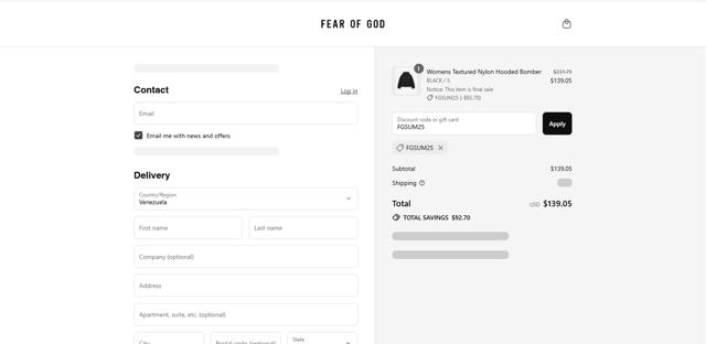 Fear of God checkout page showing Fear of God discount code box | Screenshot taken by SimplyCodes community member on Jul 31, 2025