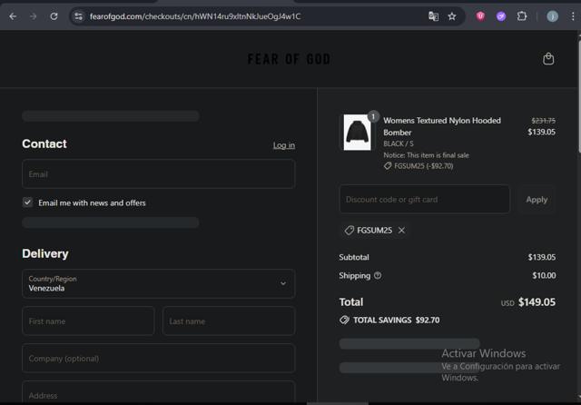 Fear of God checkout page showing Fear of God discount code box | Screenshot taken by SimplyCodes community member on Jul 26, 2025