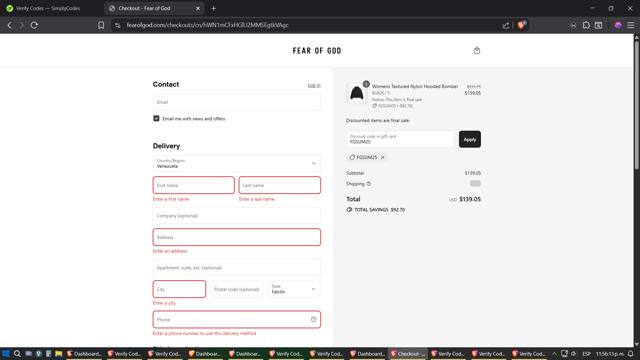 Fear of God checkout page showing Fear of God discount code box | Screenshot taken by SimplyCodes community member on Aug 14, 2025