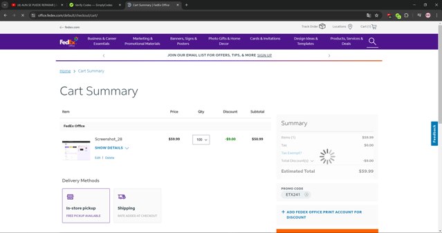 FedEx checkout page showing FedEx promo code box | Screenshot taken by SimplyCodes community member on May 4, 2024