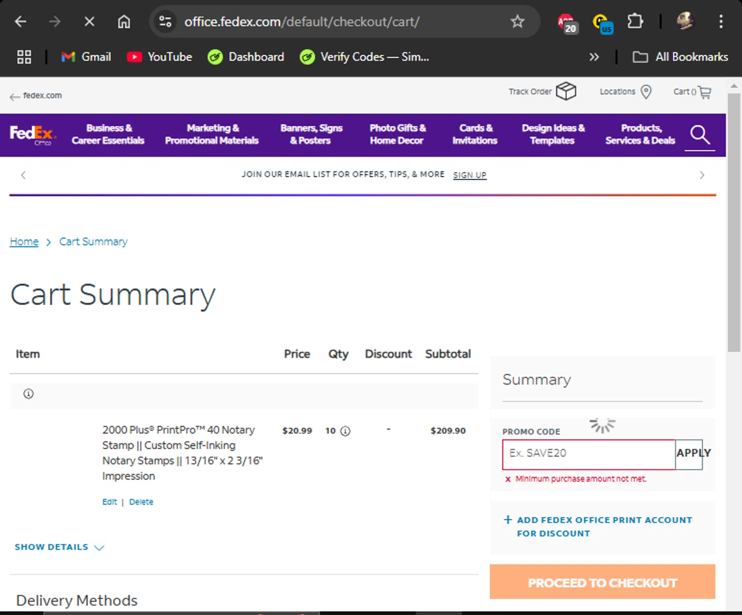 FedEx checkout page showing FedEx promo code box | Screenshot taken by SimplyCodes community member on Nov 8, 2024