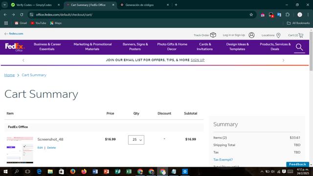 FedEx checkout page showing FedEx promo code box | Screenshot taken by SimplyCodes community member on Feb 24, 2025