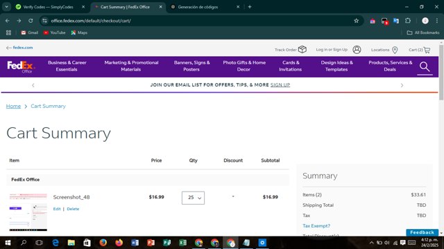 FedEx checkout page showing FedEx promo code box | Screenshot taken by SimplyCodes community member on Feb 24, 2025
