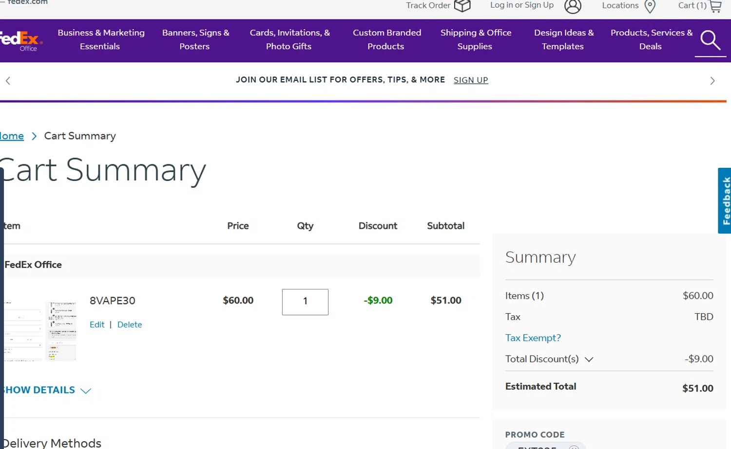 FedEx promo code screenshot showing code EXT925 applied at FedEx checkout page. Uploaded by SimplyCodes community member Lioniel on Jul 5, 2025