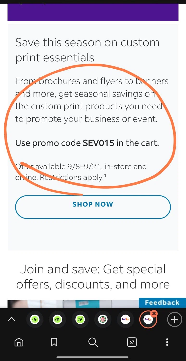 FedEx promo code screenshot showing code SEV015 applied at FedEx checkout page. Uploaded by SimplyCodes community member Dejadepicharme on Sep 8, 2025