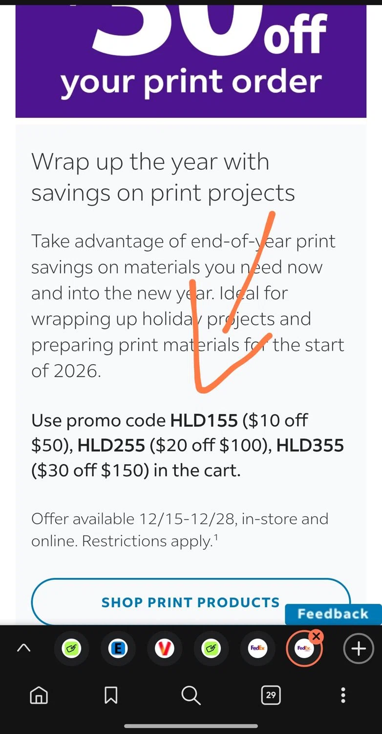 FedEx promo code screenshot showing code HLD155 applied at FedEx checkout page. Uploaded by SimplyCodes community member Dejadepicharme on Dec 15, 2025