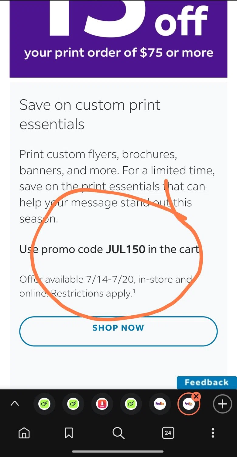 FedEx promo code screenshot showing code JUL150 applied at FedEx checkout page. Uploaded by SimplyCodes community member Dejadepicharme on Jul 14, 2025