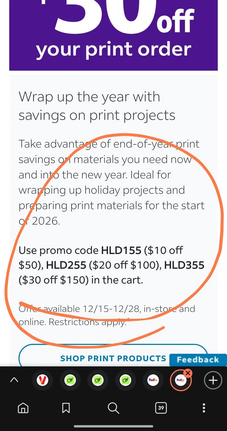 FedEx promo code screenshot showing code HLD255 applied at FedEx checkout page. Uploaded by SimplyCodes community member Dejadepicharme on Dec 16, 2025
