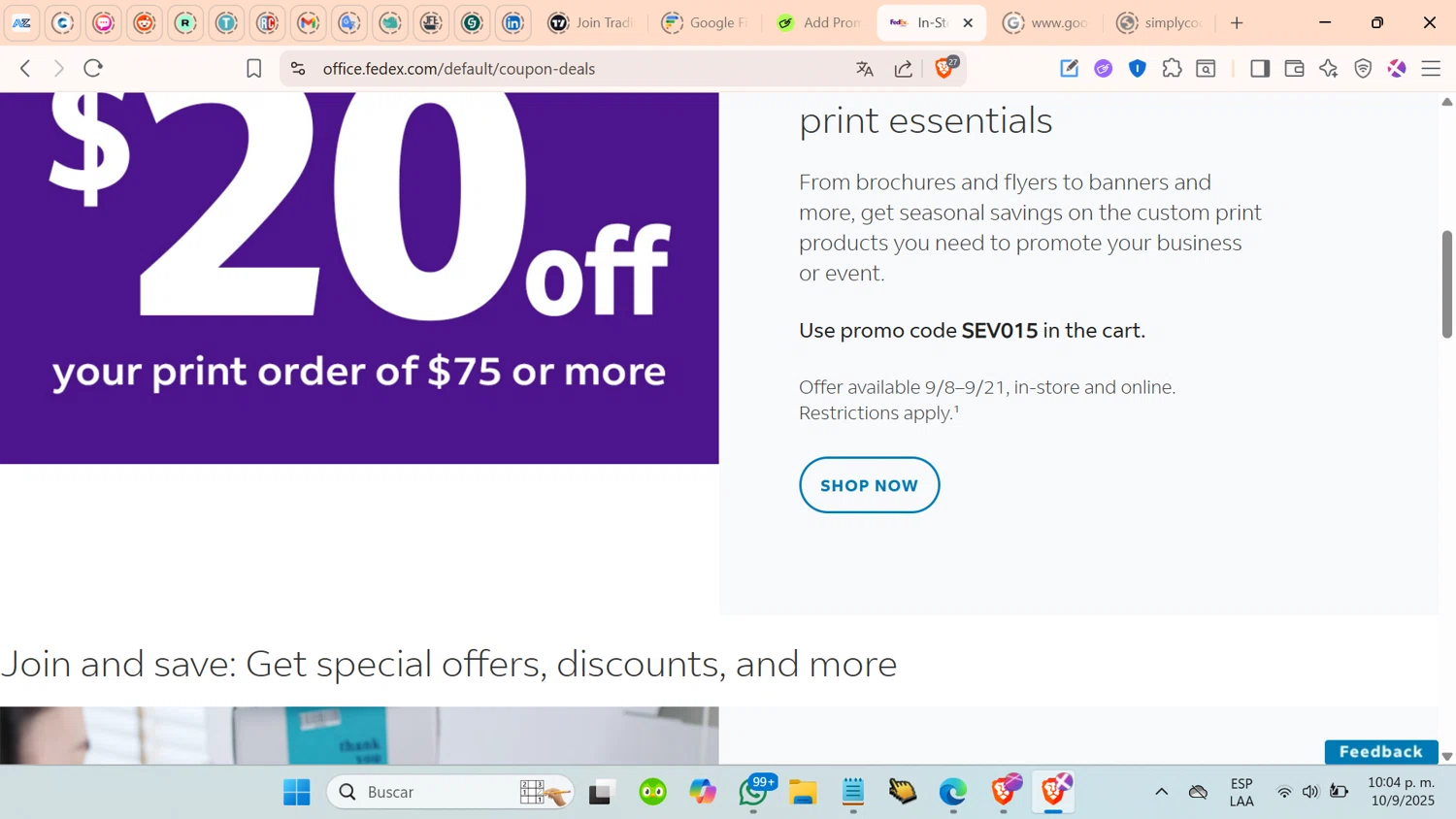 FedEx promo code screenshot showing code EV015 applied at FedEx checkout page. Uploaded by SimplyCodes community member cosita on Sep 11, 2025