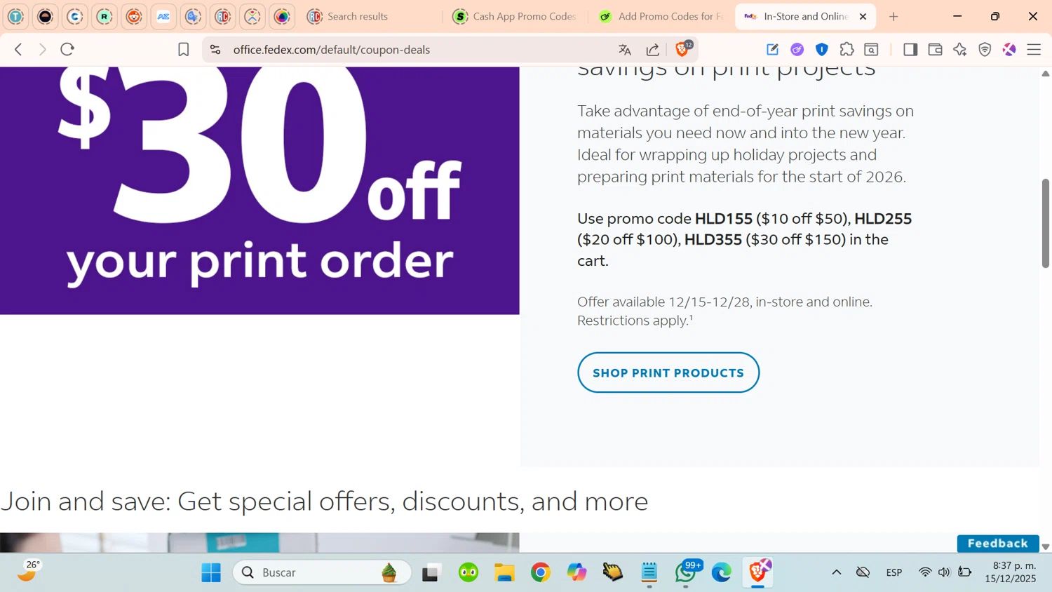 FedEx promo code screenshot showing code HLD255 applied at FedEx checkout page. Uploaded by SimplyCodes community member cosita on Dec 16, 2025