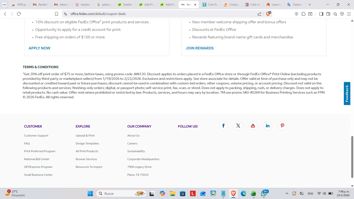 FedEx promo code screenshot showing code JA120 applied at FedEx checkout page. Uploaded by SimplyCodes community member cosita on Jan 23, 2026