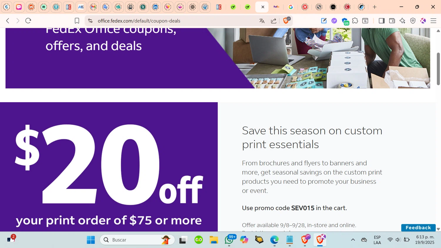 FedEx promo code screenshot showing code EV015 applied at FedEx checkout page. Uploaded by SimplyCodes community member cosita on Sep 19, 2025