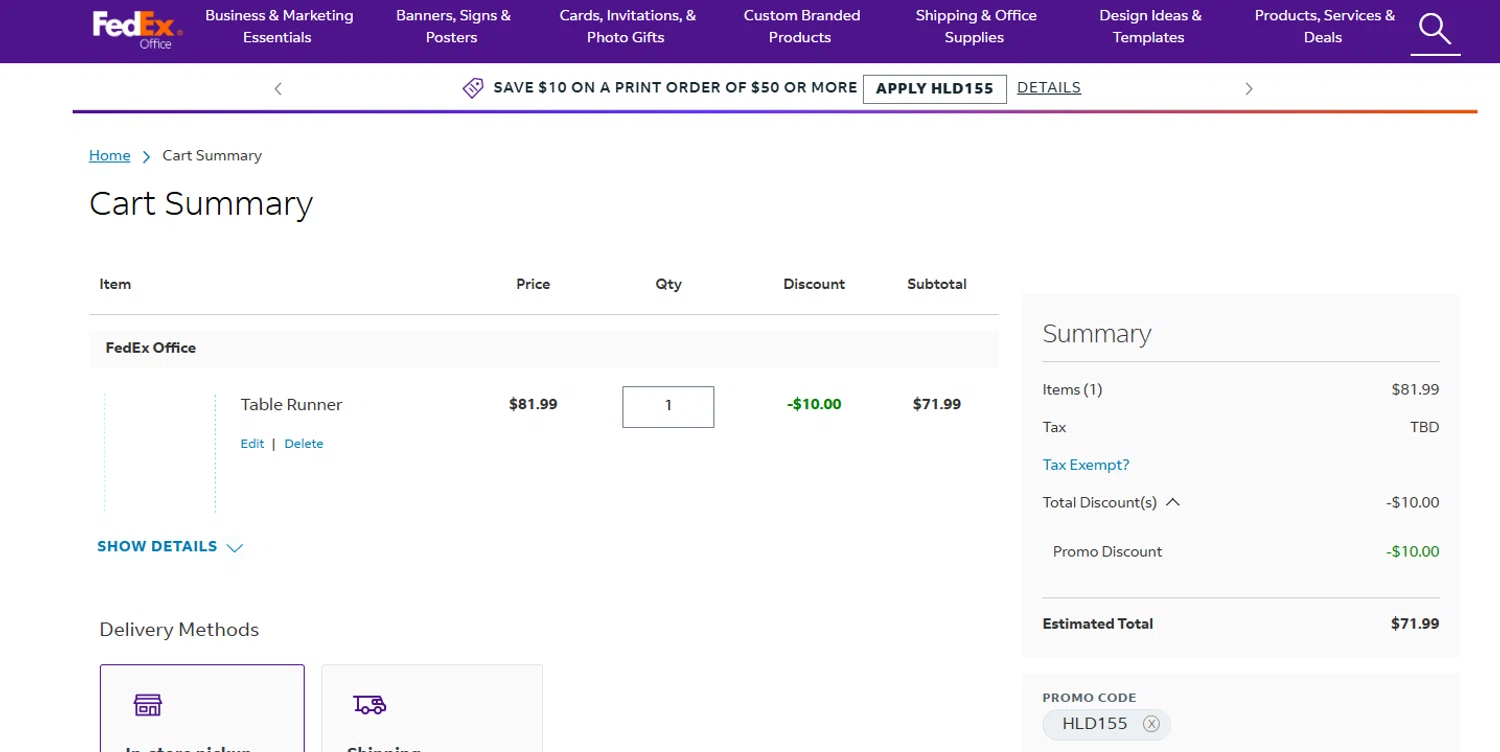 FedEx promo code screenshot showing code HLD155 applied at FedEx checkout page. Uploaded by SimplyCodes community member jesspea on Dec 15, 2025