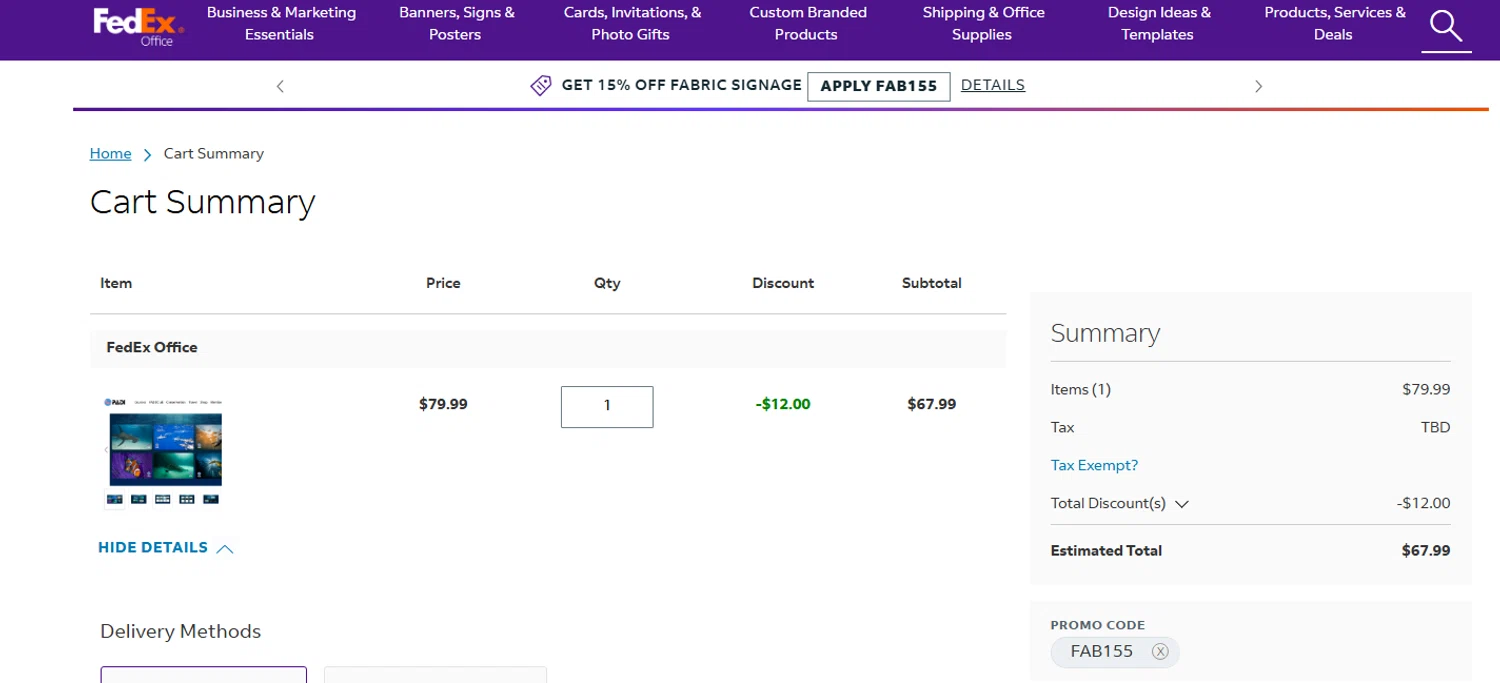 FedEx promo code screenshot showing code FAB155 applied at FedEx checkout page. Uploaded by SimplyCodes community member jesspea on Nov 17, 2025