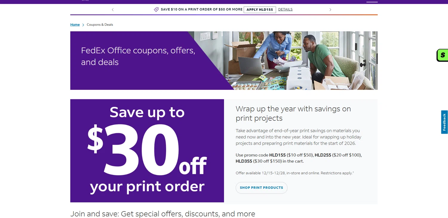 FedEx promo code screenshot showing code HLD155 applied at FedEx checkout page. Uploaded by SimplyCodes community member pabloprieto on Dec 28, 2025