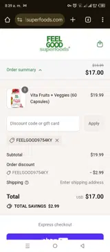 FeelGood Organic Superfoods coupon verification screenshot