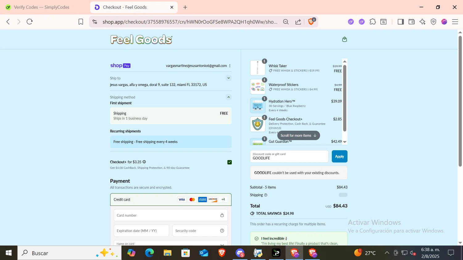 Feel Goods discount code screenshot showing code GOODLIFE applied at Feel Goods checkout page. Uploaded by SimplyCodes community member CODMOBILE1 on Aug 2, 2025