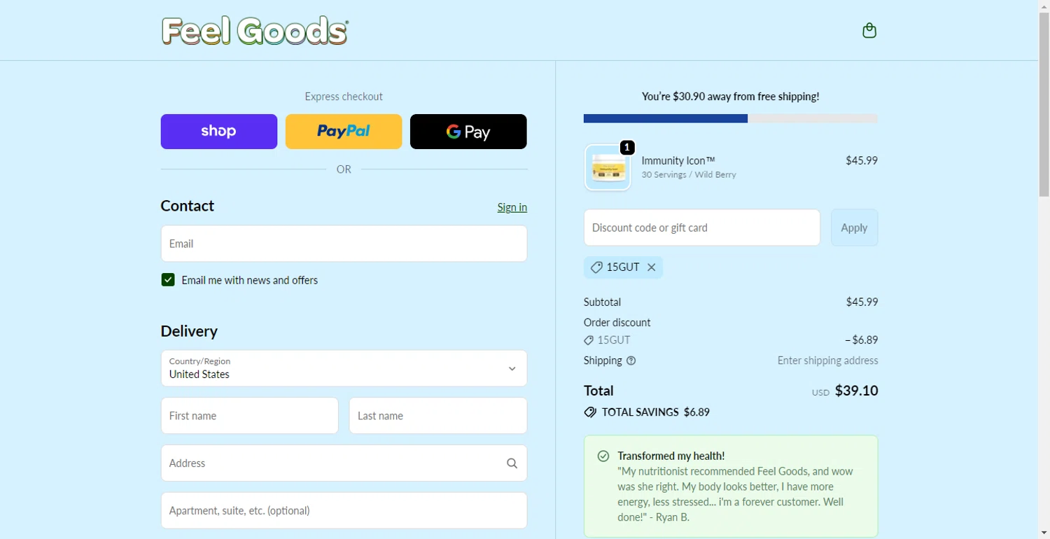 Feel Goods discount code screenshot showing code 15Gut applied at Feel Goods checkout page. Uploaded by SimplyCodes community member CodeFinder699 on Nov 11, 2025