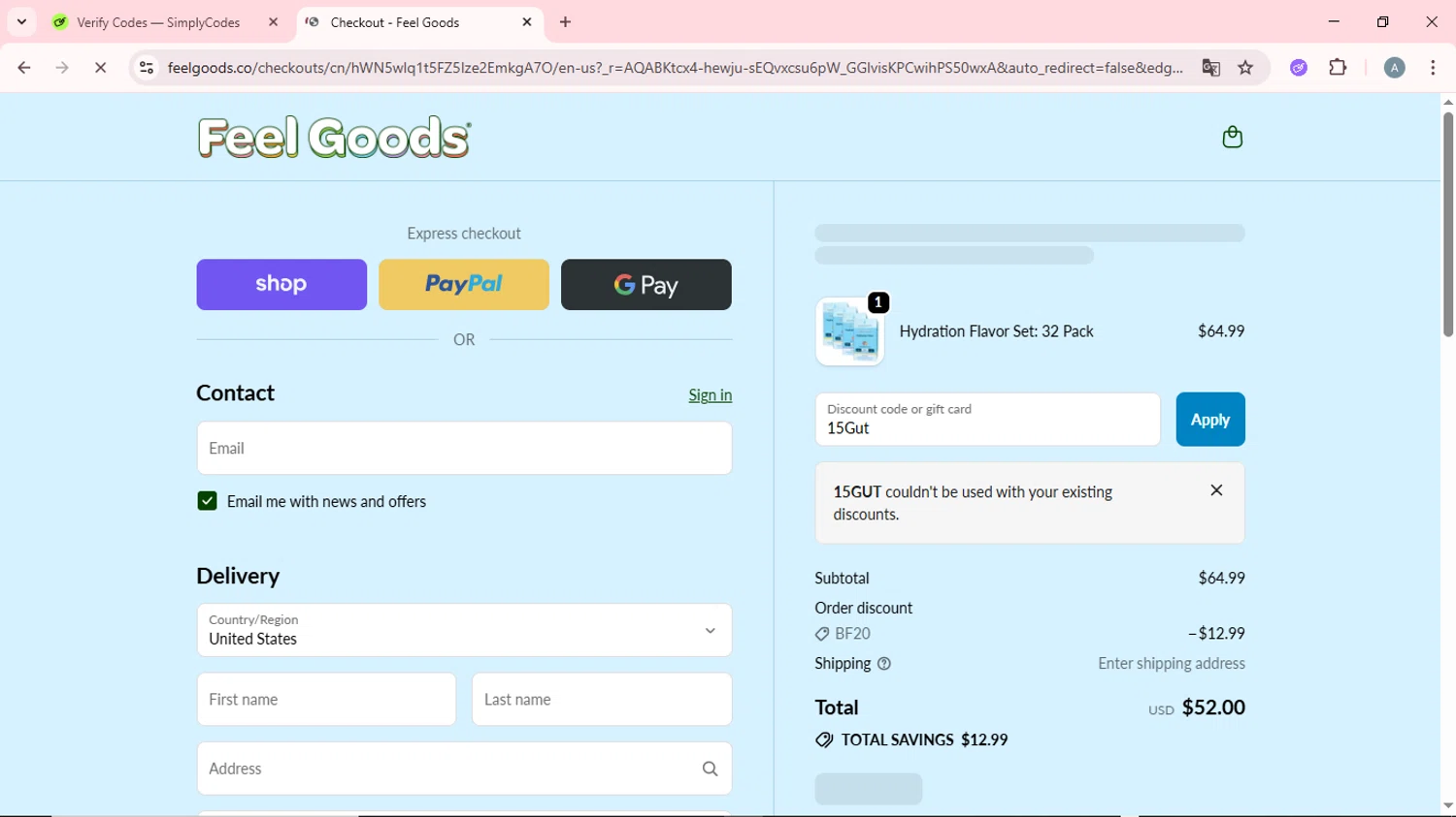 Feel Goods discount code screenshot showing code 15Gut applied at Feel Goods checkout page. Uploaded by SimplyCodes community member CrownSpotter6947 on Dec 2, 2025