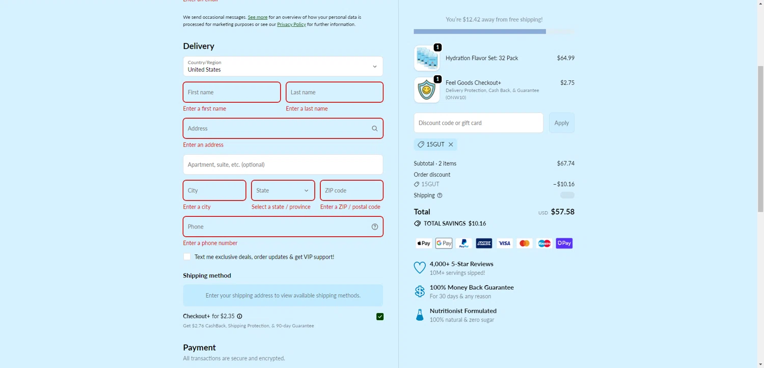 Feel Goods discount code screenshot showing code 15Gut applied at Feel Goods checkout page. Uploaded by SimplyCodes community member NobleMaestro6498 on Feb 10, 2026