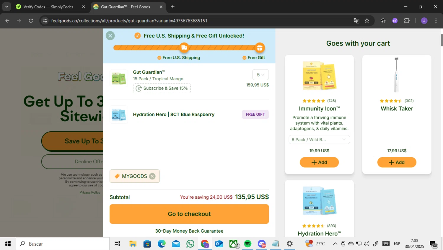 Feel Goods discount code screenshot showing code MYGOODS applied at Feel Goods checkout page. Uploaded by SimplyCodes community member ENCARAMESSI on Apr 30, 2025