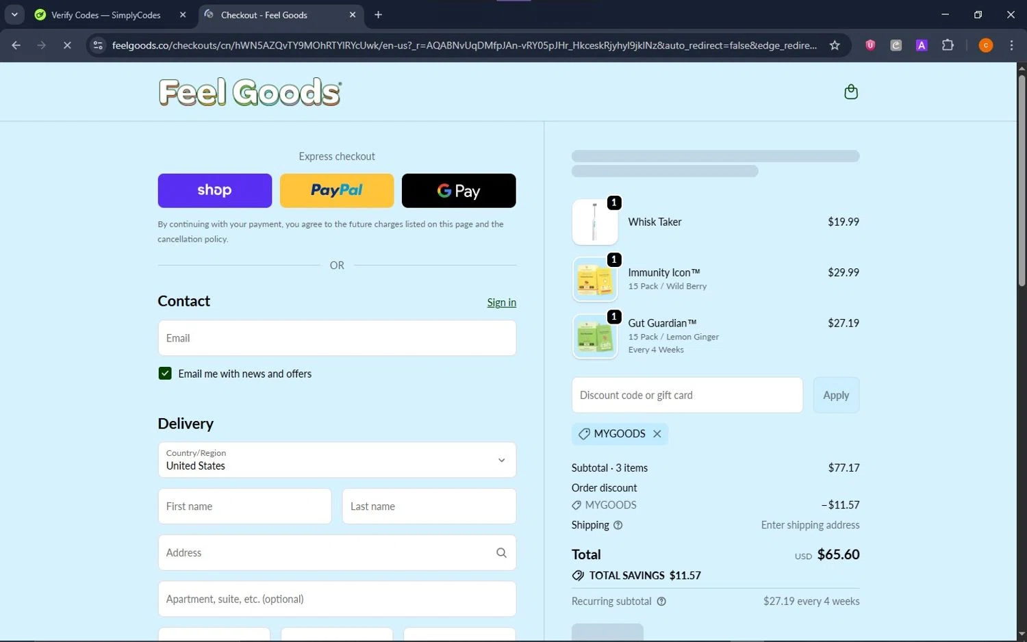 Feel Goods discount code screenshot showing code MYGOODS applied at Feel Goods checkout page. Uploaded by SimplyCodes community member ShrewdCaptain9911 on Nov 11, 2025