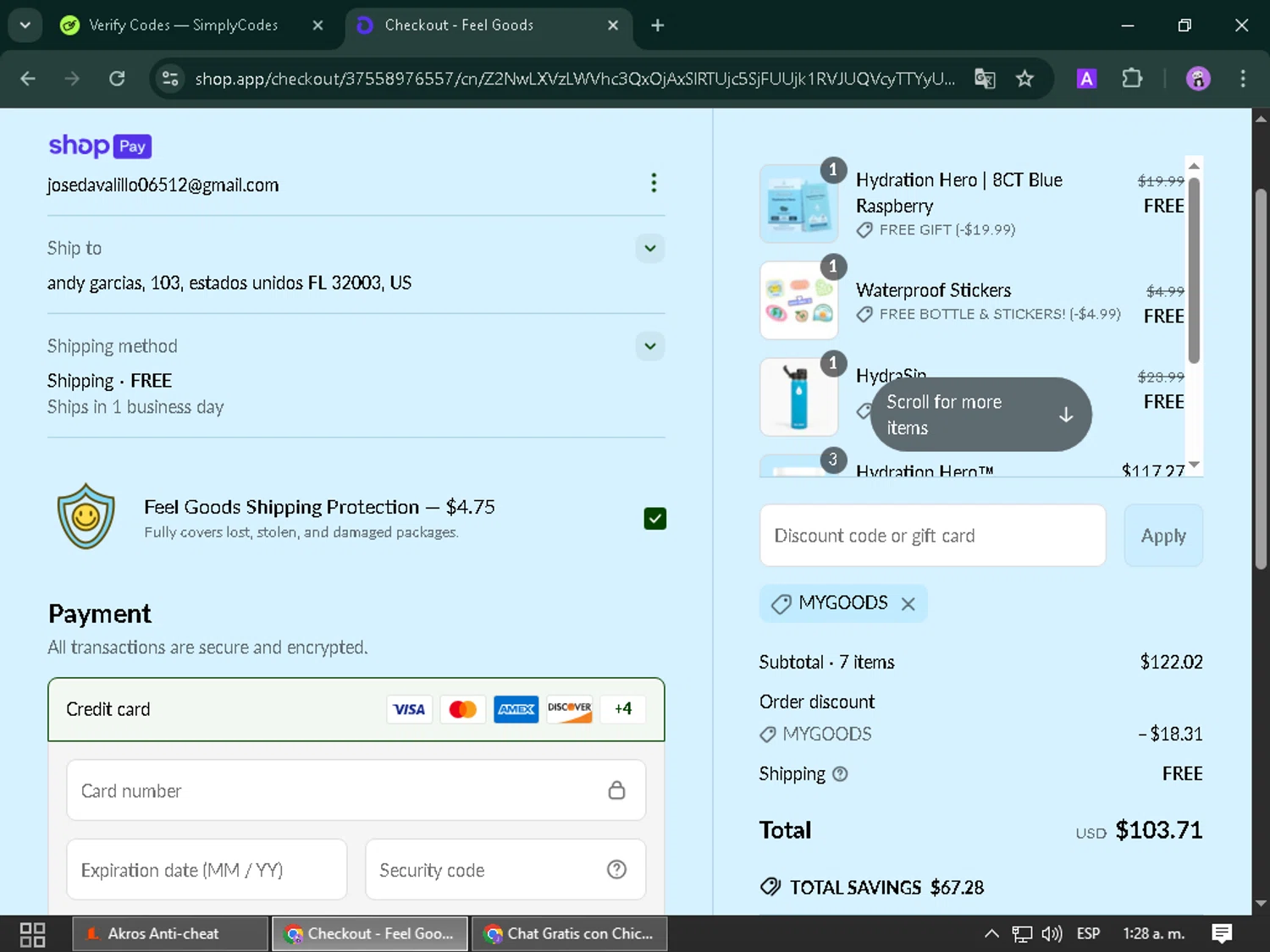 Feel Goods discount code screenshot showing code MYGOODS applied at Feel Goods checkout page. Uploaded by SimplyCodes community member ScanPhoenix3196 on May 9, 2025