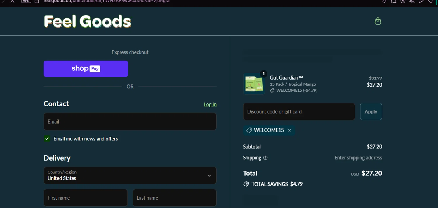 Feel Goods discount code screenshot showing code WELCOME15 applied at Feel Goods checkout page. Uploaded by SimplyCodes community member chepipi on Aug 28, 2025
