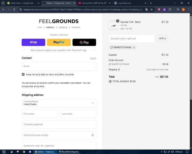 Feelgrounds checkout page showing Feelgrounds discount code box | Screenshot taken by SimplyCodes community member on Sep 9, 2025