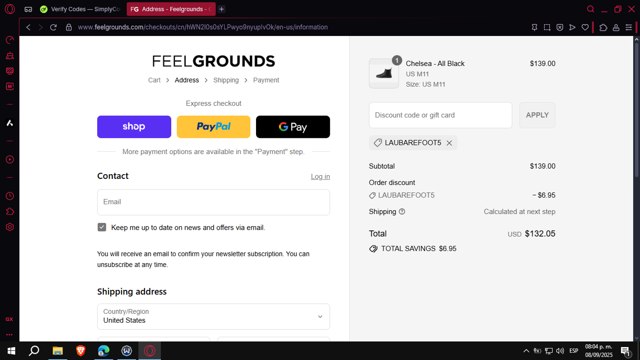 Feelgrounds checkout page showing Feelgrounds discount code box | Screenshot taken by SimplyCodes community member on Sep 9, 2025