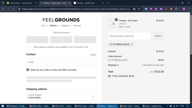Feelgrounds checkout page showing Feelgrounds discount code box | Screenshot taken by SimplyCodes community member on Sep 9, 2025