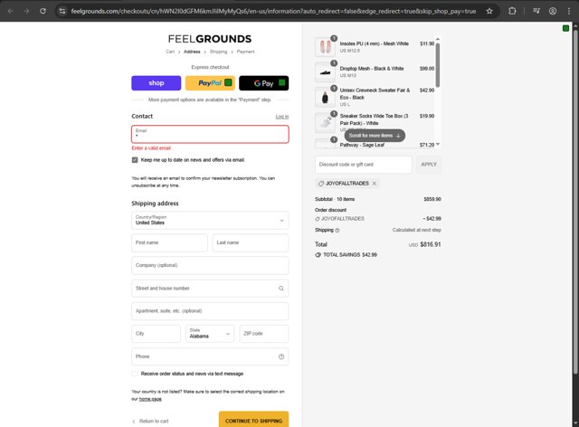Feelgrounds checkout page showing Feelgrounds discount code box | Screenshot taken by SimplyCodes community member on Sep 9, 2025