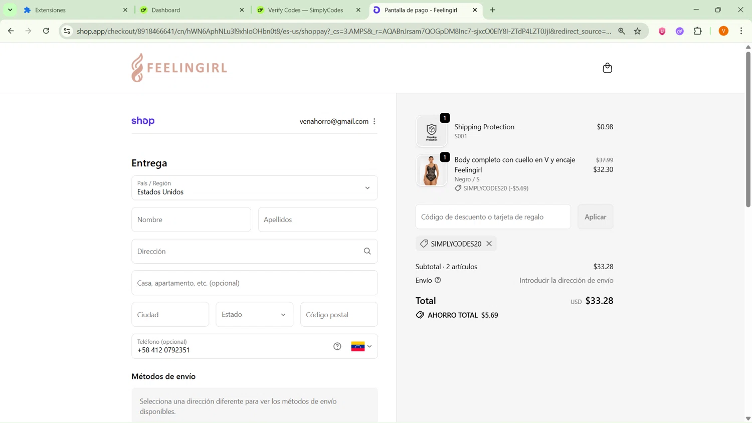 Feelingirl Official promo code screenshot showing code SIMPLYCODES20 applied at Feelingirl Official checkout page. Uploaded by SimplyCodes community member ExtraordinarySaver9637 on Dec 8, 2025