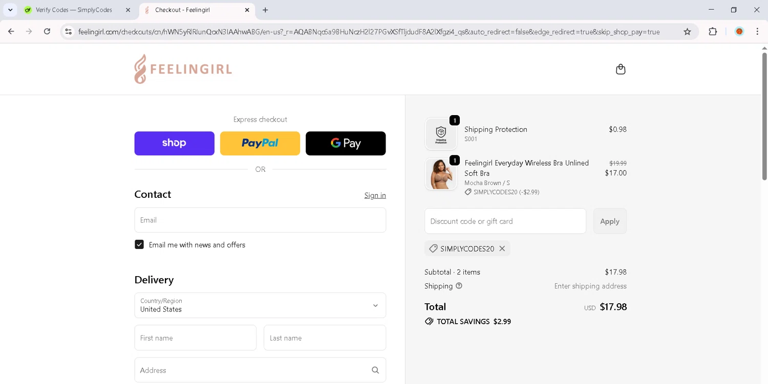 Feelingirl Official promo code screenshot showing code SIMPLYCODES20 applied at Feelingirl Official checkout page. Uploaded by SimplyCodes community member RoyalMaverick7546 on Dec 2, 2025
