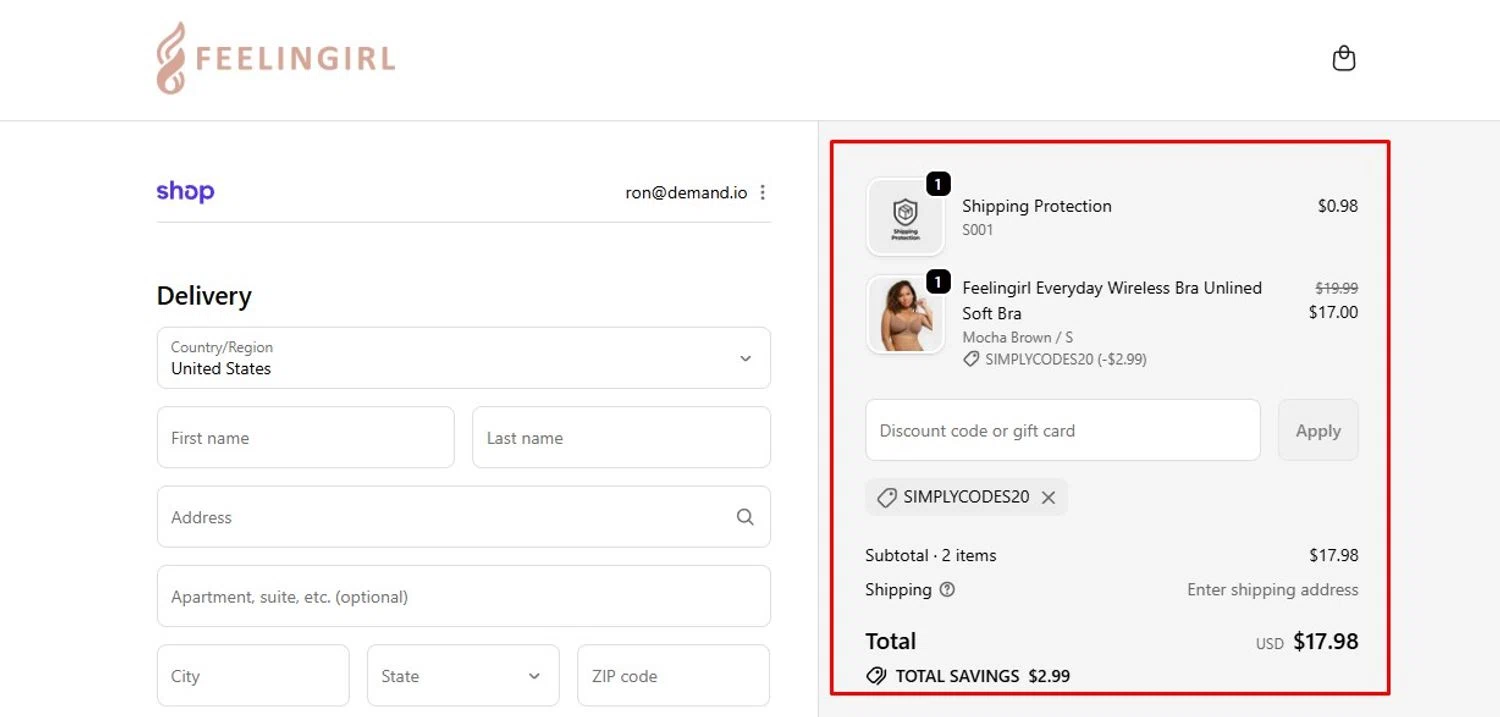 Feelingirl Official promo code screenshot showing code SIMPLYCODES20 applied at Feelingirl Official checkout page. Uploaded by SimplyCodes community member Swiftdealz on Dec 9, 2025