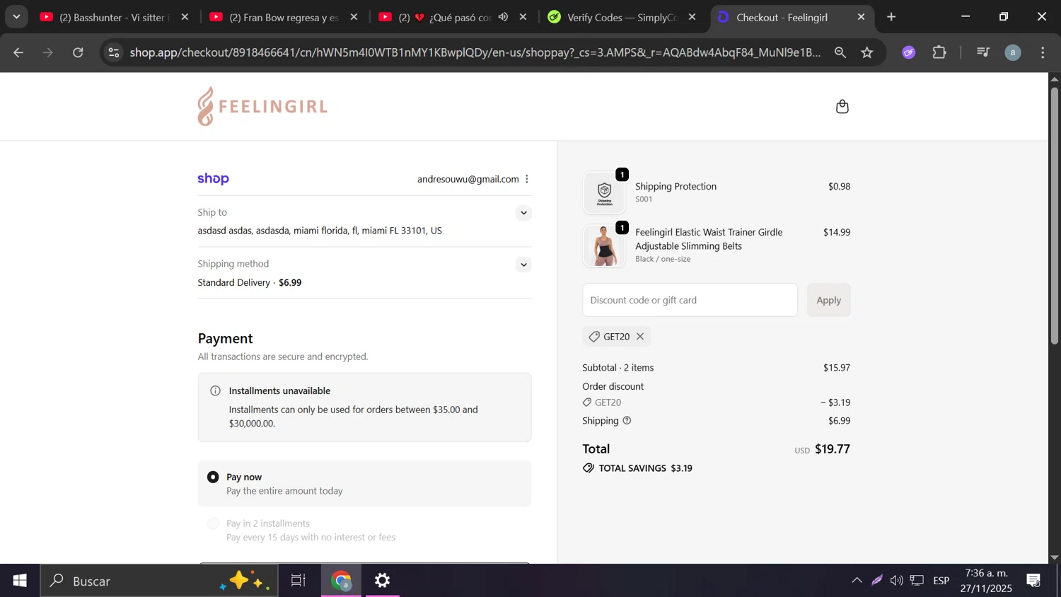 Feelingirl Official promo code screenshot showing code GET20 applied at Feelingirl Official checkout page. Uploaded by SimplyCodes community member Frizk_1 on Nov 27, 2025