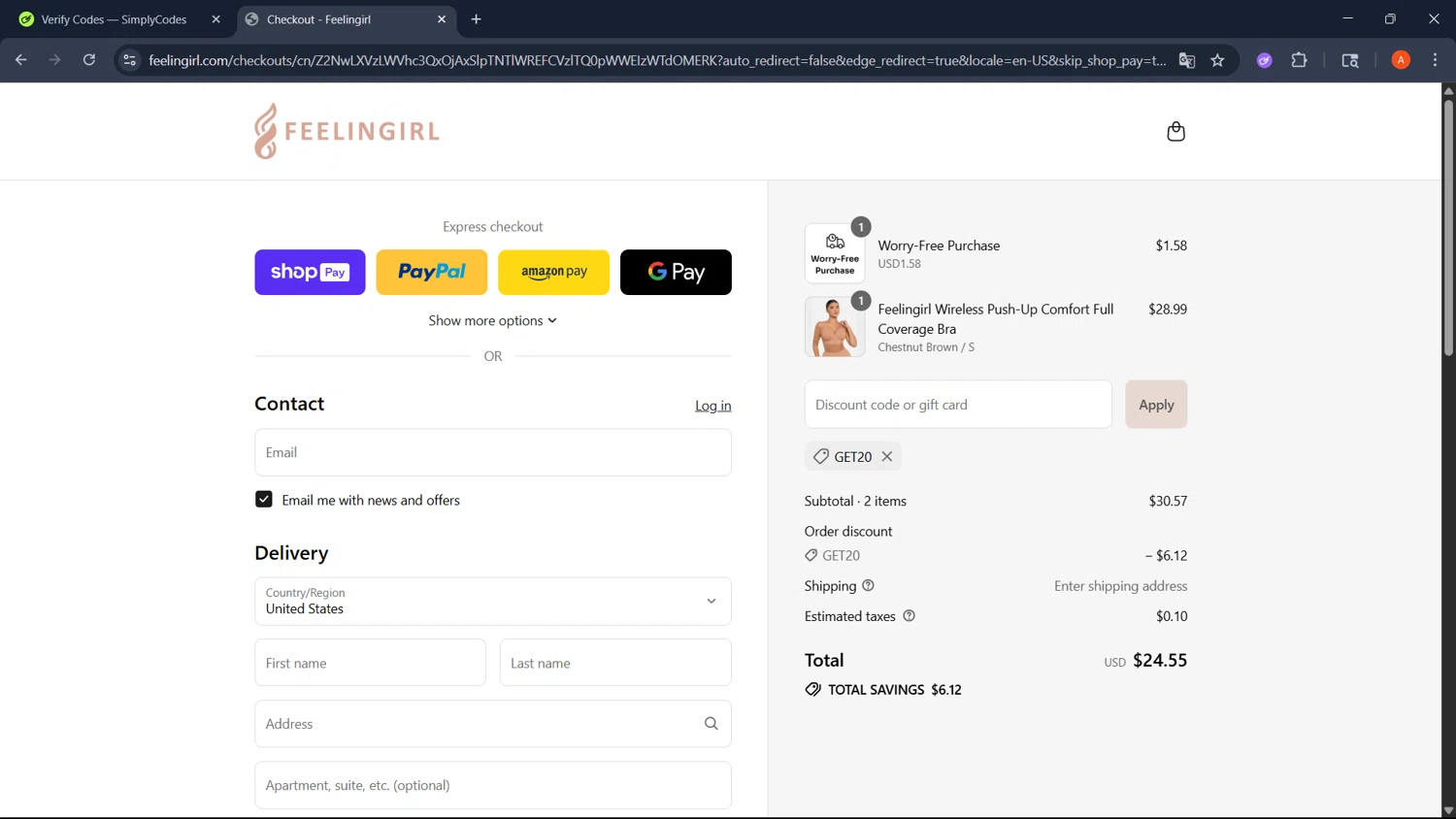 Feelingirl Official promo code screenshot showing code GET20 applied at Feelingirl Official checkout page. Uploaded by SimplyCodes community member GoldChaser2970 on Jul 10, 2025