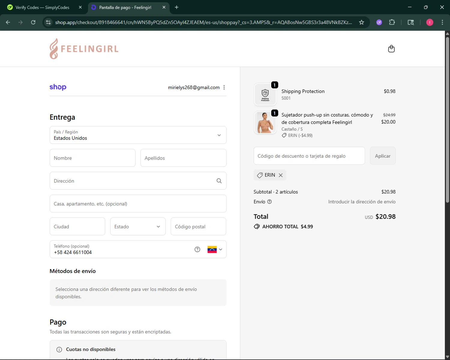 Feelingirl Official promo code screenshot showing code ERIN applied at Feelingirl Official checkout page. Uploaded by SimplyCodes community member BargainSeeker9964 on Nov 12, 2025