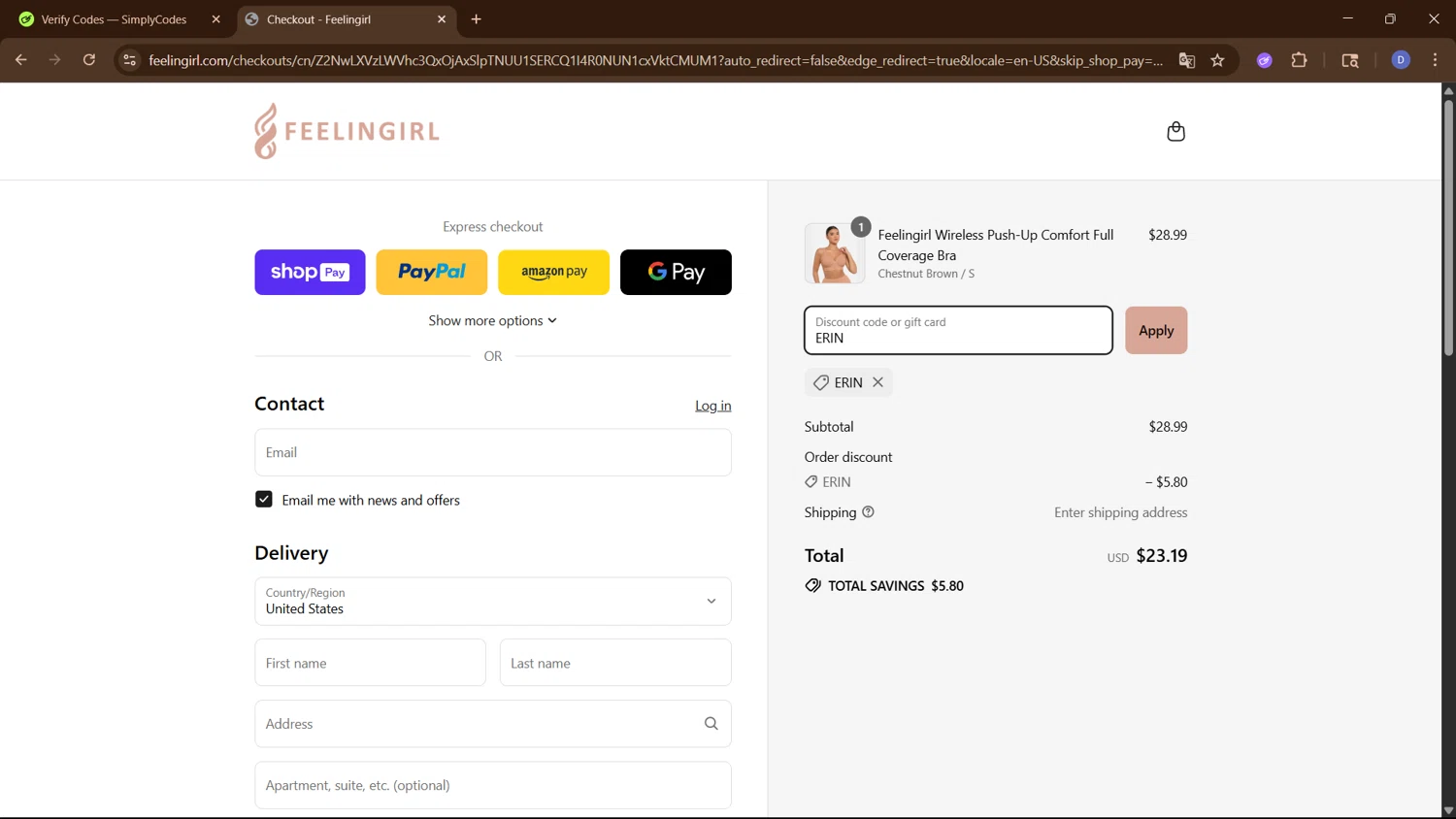 Feelingirl Official promo code screenshot showing code ERIN applied at Feelingirl Official checkout page. Uploaded by SimplyCodes community member PennyCurator6489 on Jul 10, 2025