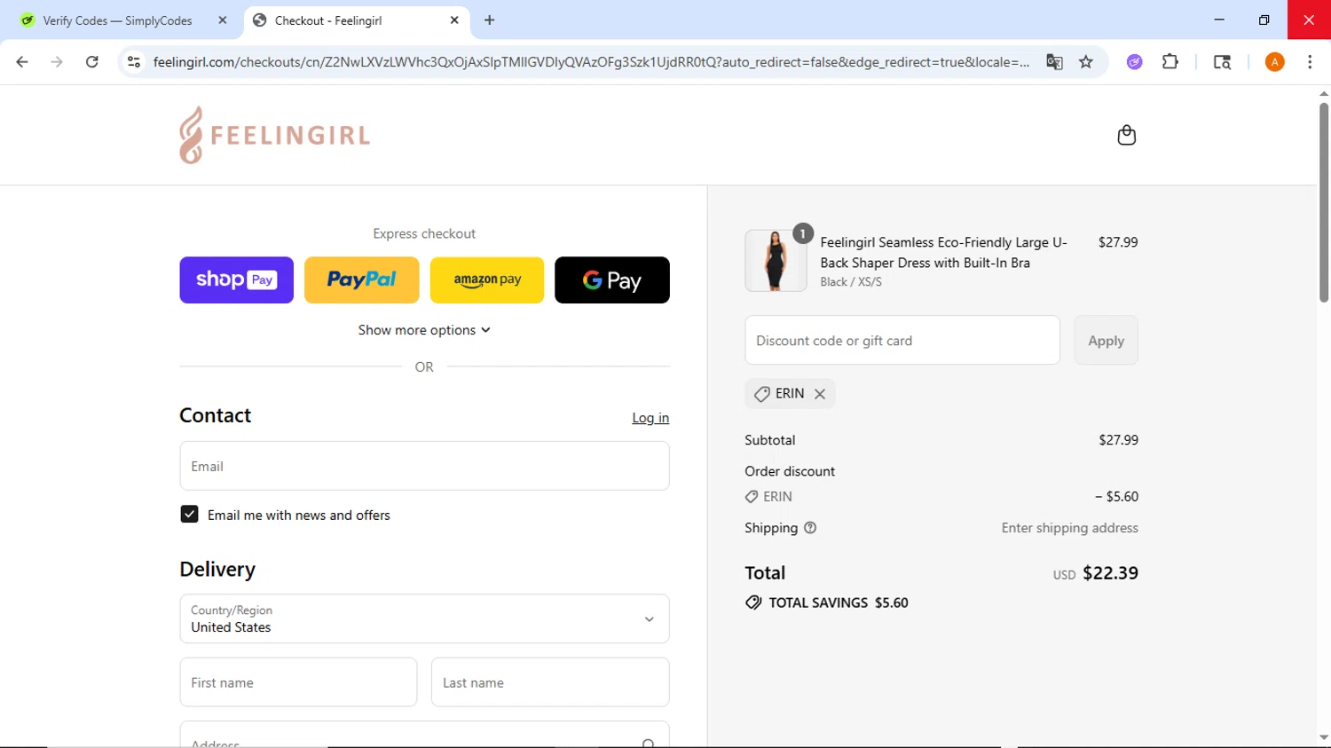 Feelingirl Official promo code screenshot showing code ERIN applied at Feelingirl Official checkout page. Uploaded by SimplyCodes community member ThriftyMaverick437 on Jul 10, 2025