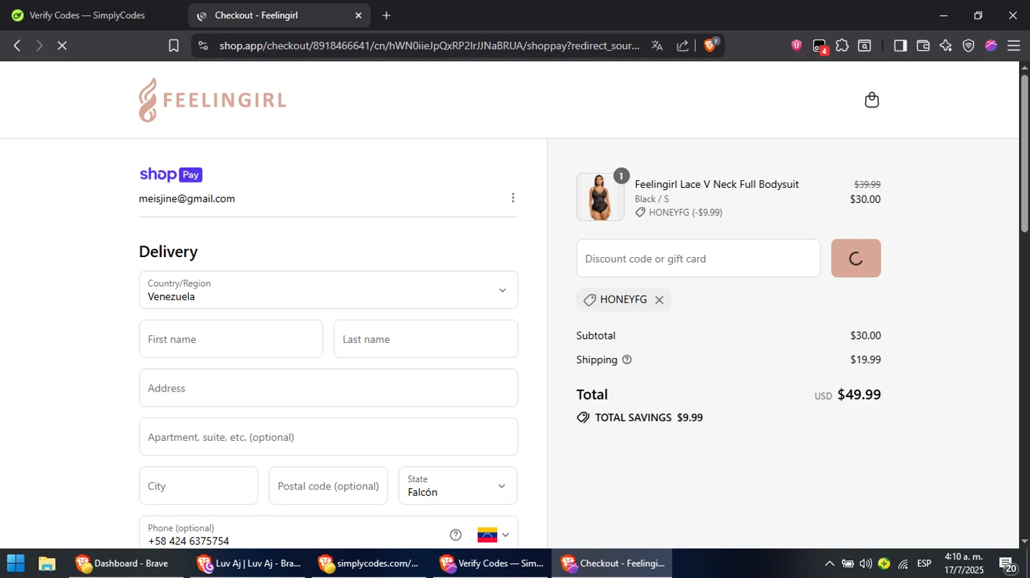 Feelingirl Official promo code screenshot showing code HONEYFG applied at Feelingirl Official checkout page. Uploaded by SimplyCodes community member Cynoxx on Jul 17, 2025