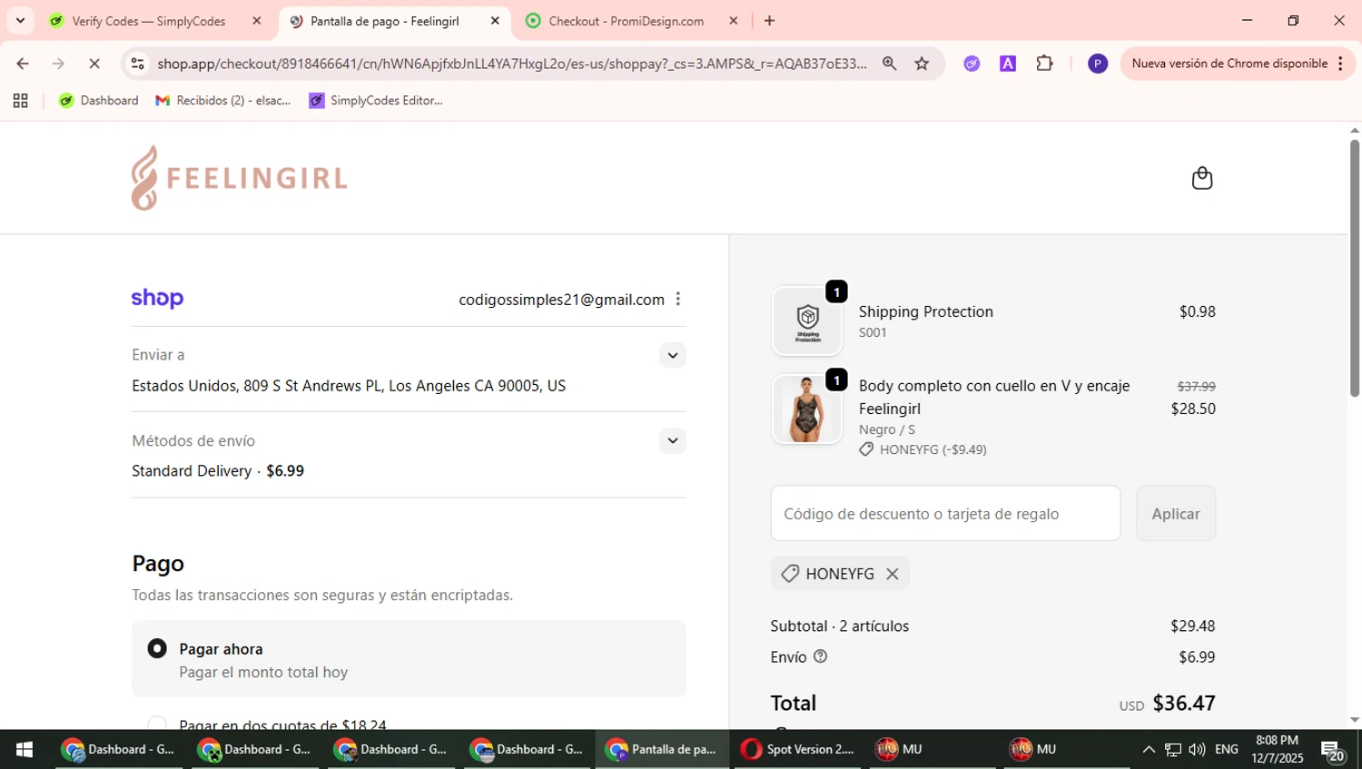 Feelingirl Official promo code screenshot showing code HONEYFG applied at Feelingirl Official checkout page. Uploaded by SimplyCodes community member Suicune on Dec 8, 2025