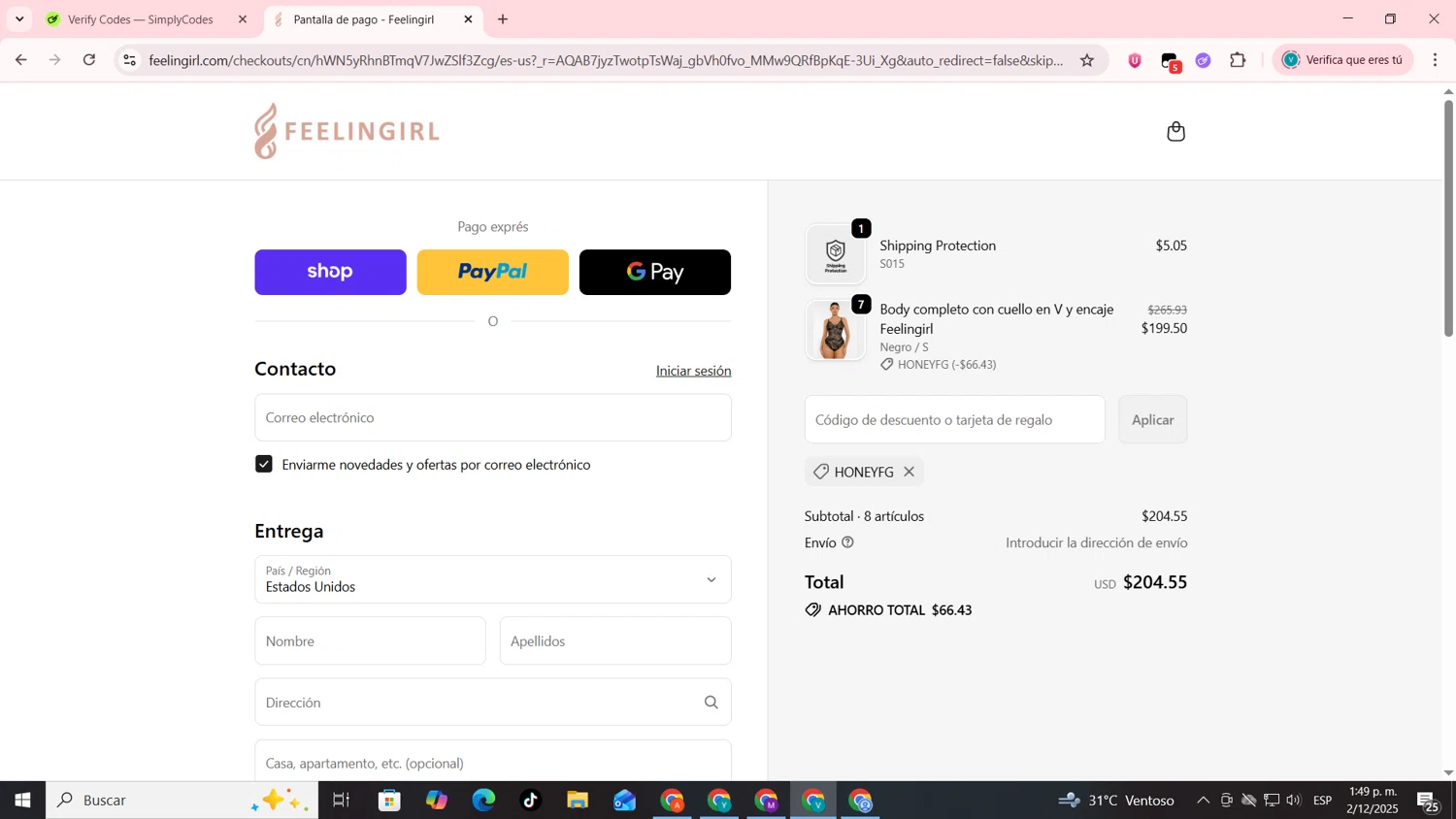 Feelingirl Official promo code screenshot showing code HONEYFG applied at Feelingirl Official checkout page. Uploaded by SimplyCodes community member lyffytaro on Dec 2, 2025
