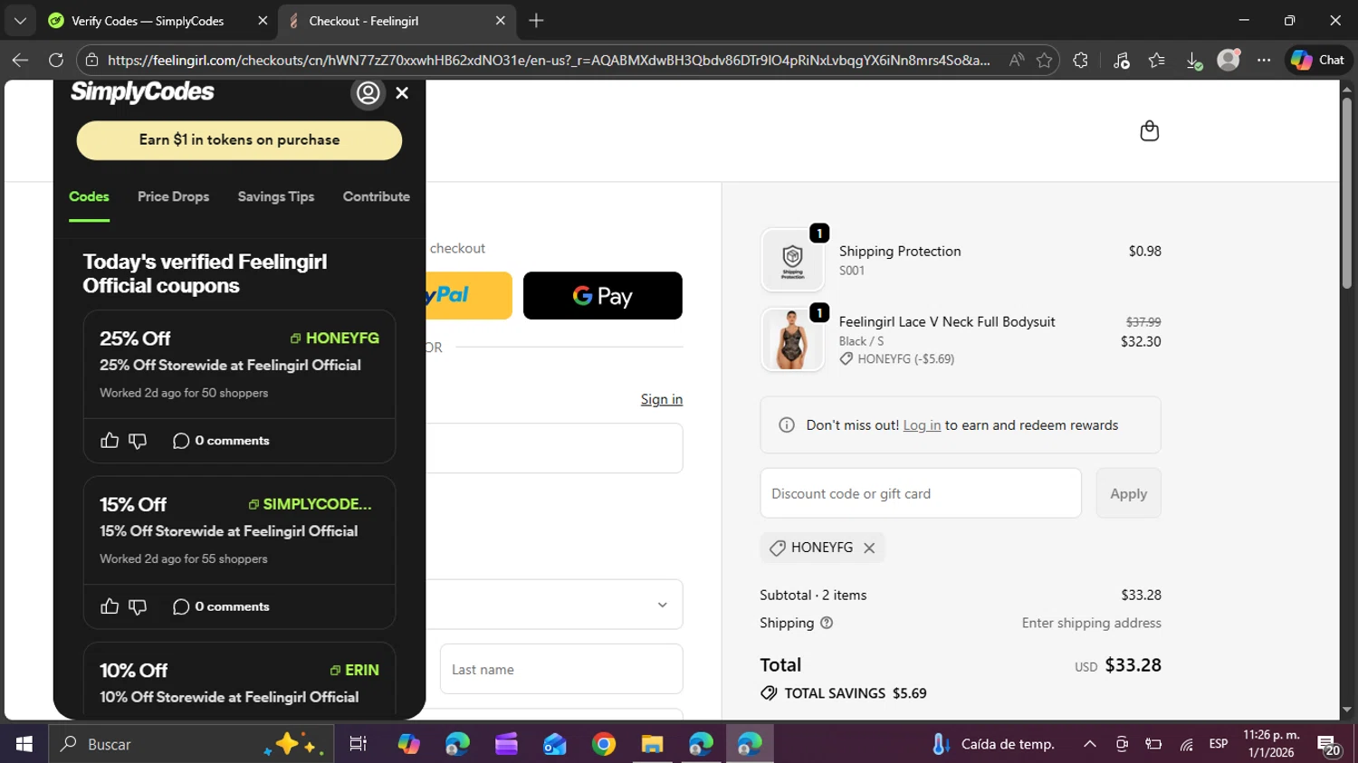 Feelingirl Official checkout page showing Feelingirl Official promo code box | Screenshot taken by SimplyCodes community member on Jan 2, 2026