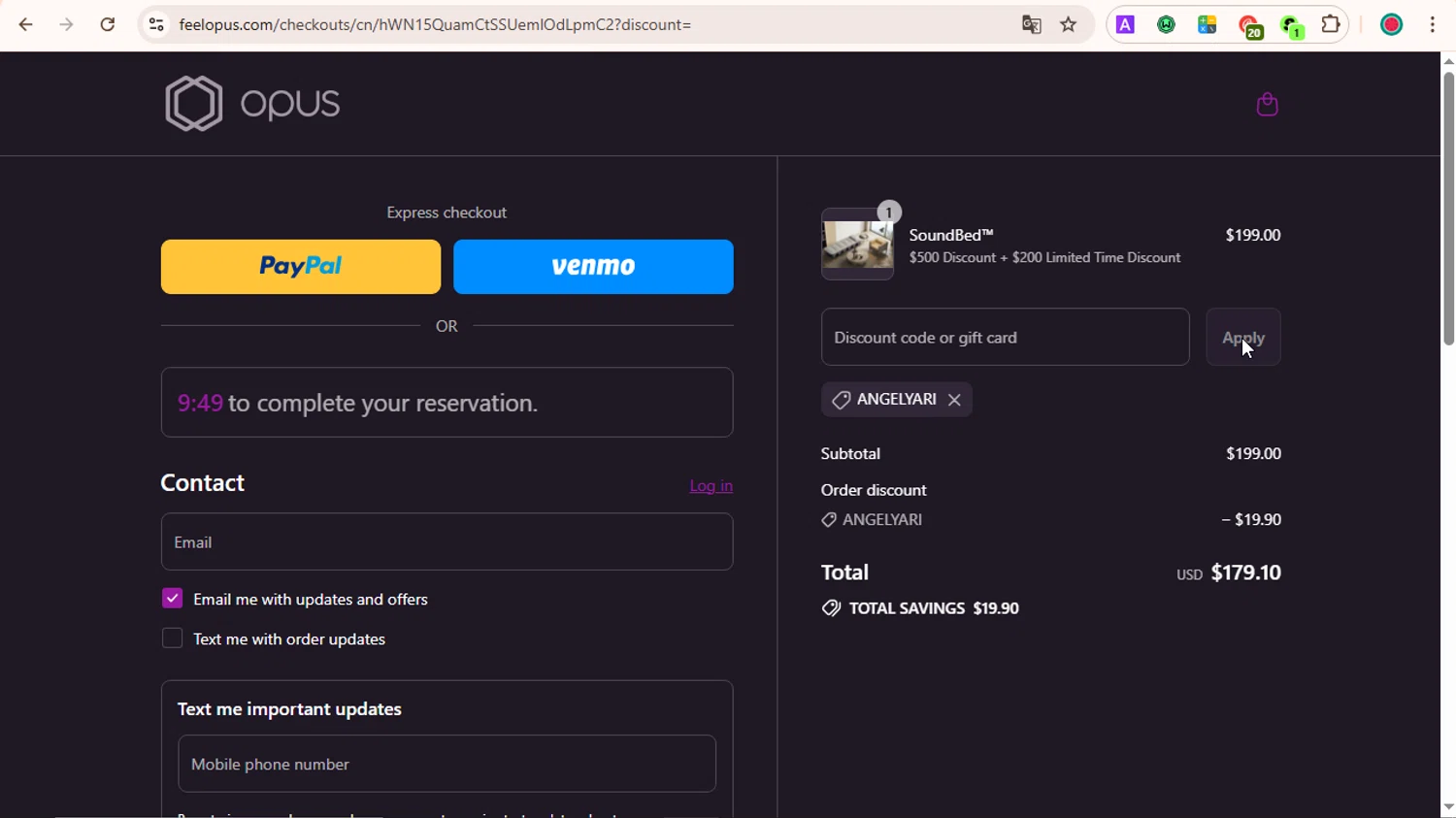 OPUS promo code screenshot showing code AngelYari applied at OPUS checkout page. Uploaded by SimplyCodes community member LOVECOUPON on Jul 26, 2025