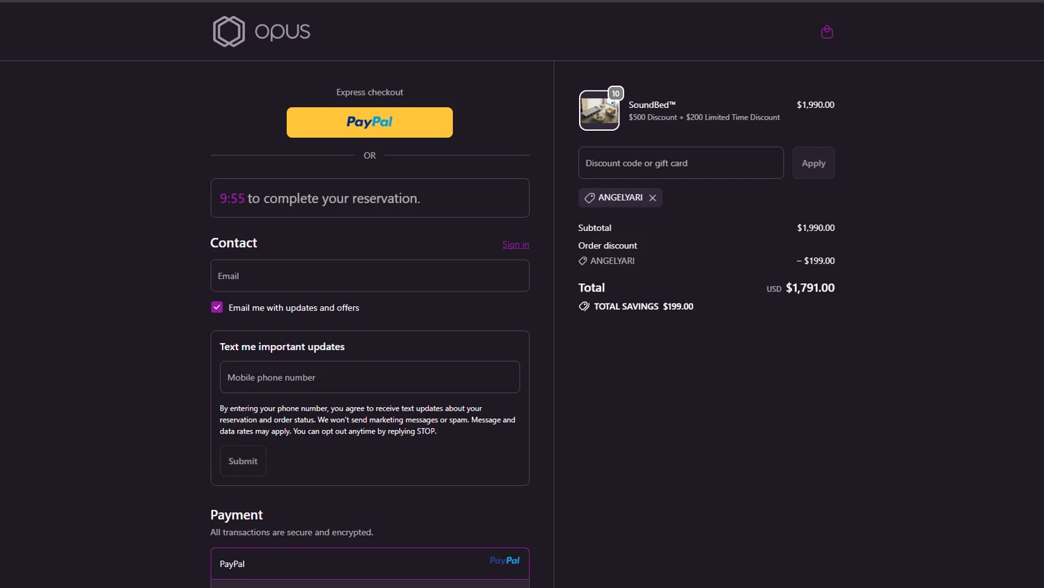 OPUS promo code screenshot showing code AngelYari applied at OPUS checkout page. Uploaded by SimplyCodes community member Ricacocaina on Oct 10, 2025