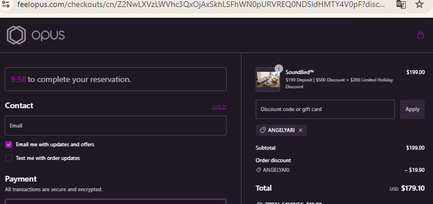 OPUS promo code screenshot showing code AngelYari applied at OPUS checkout page. Uploaded by SimplyCodes community member RewardFinder4836 on Jan 14, 2025