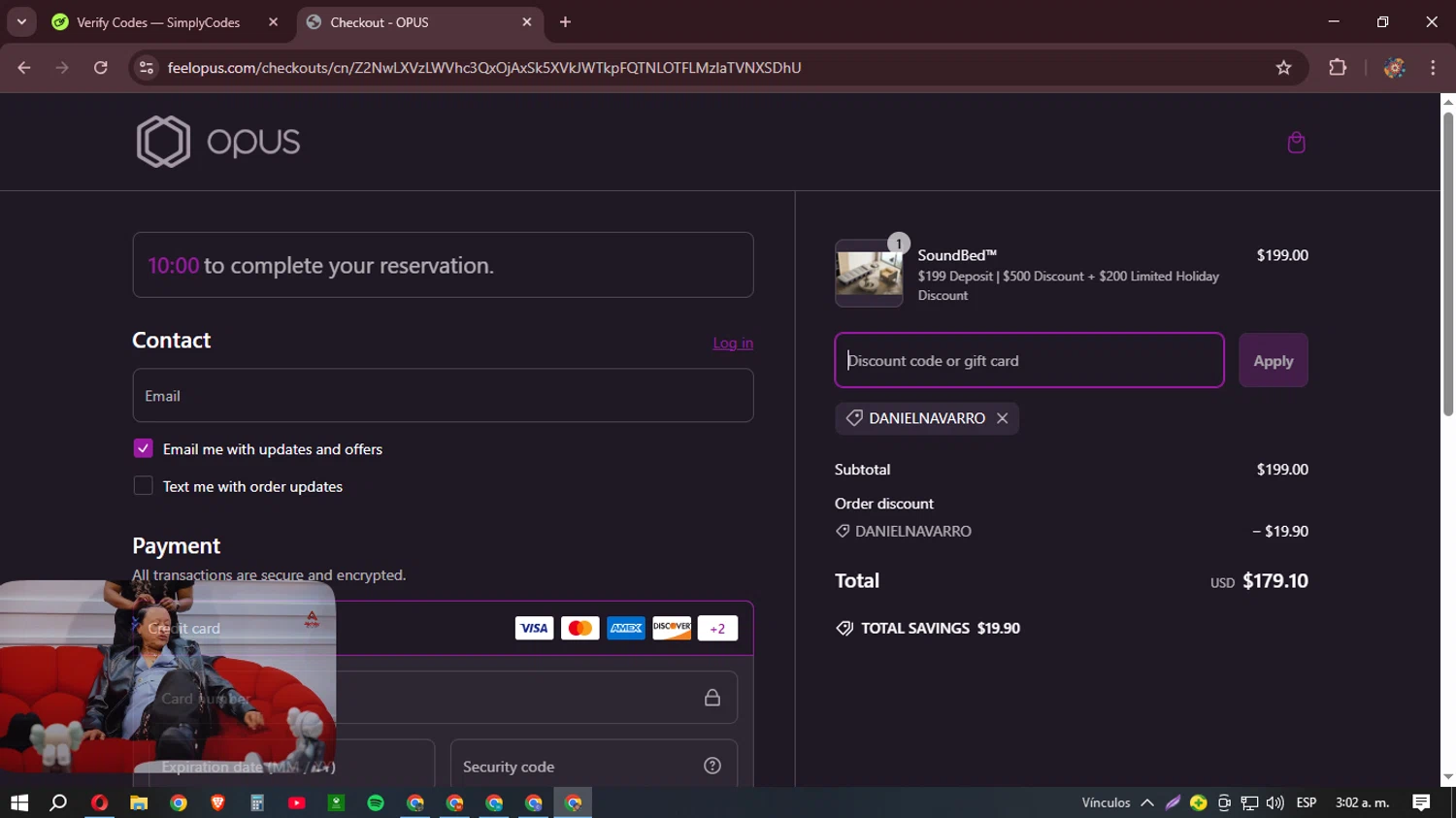 OPUS promo code screenshot showing code danielnavarro applied at OPUS checkout page. Uploaded by SimplyCodes community member BudgetHunter9184 on Mar 9, 2025