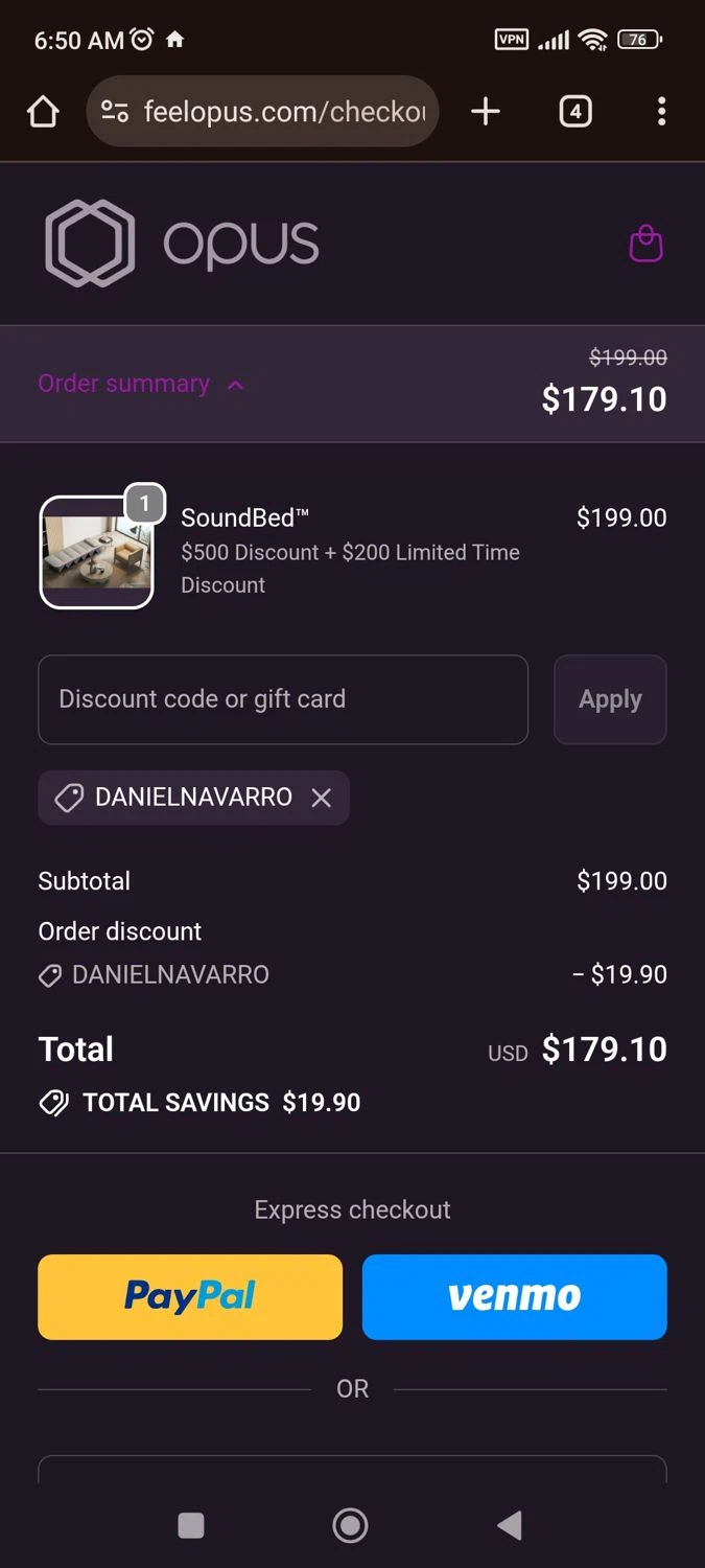 OPUS promo code screenshot showing code danielnavarro applied at OPUS checkout page. Uploaded by SimplyCodes community member juliocoronel038ef0f on Oct 10, 2025